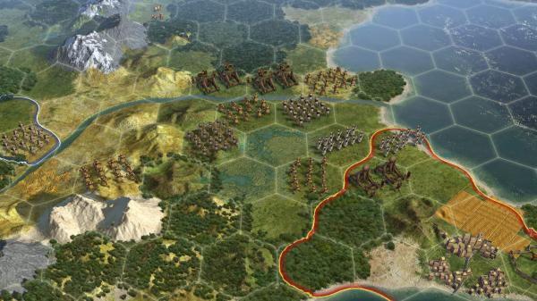 Screenshot of Sid Meier's Civilization V showing a strategic map view with armies, cities, hexagonal tiles, and terrain features.