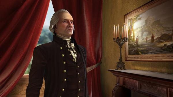 Screenshot from Sid Meier's Civilization V showing a character standing by a window with red curtains and a painting on the wall.