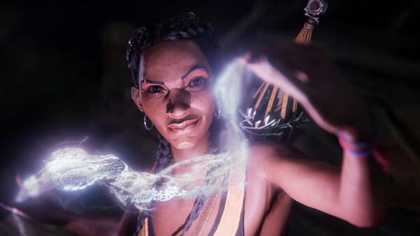 Screenshot from South of Midnight showing a character casting a glowing spell with both hands, surrounded by a dark background.