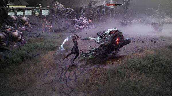 South of Midnight screenshot: A character attacks a large, glowing monster in a foggy, eerie environment with decayed structures.