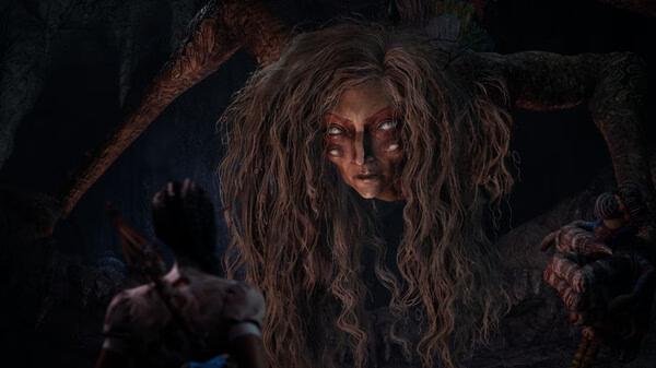 South of Midnight screenshot: A character faces a large creature with tangled hair and multiple limbs in a dark, eerie cave.