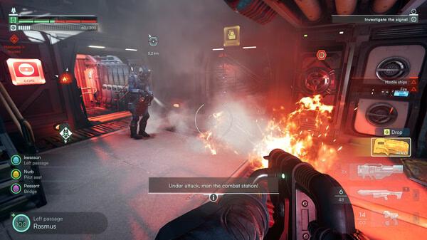 Screenshot from Jump Space showing a player in combat inside a space station, firing at enemies amidst flames and explosions.