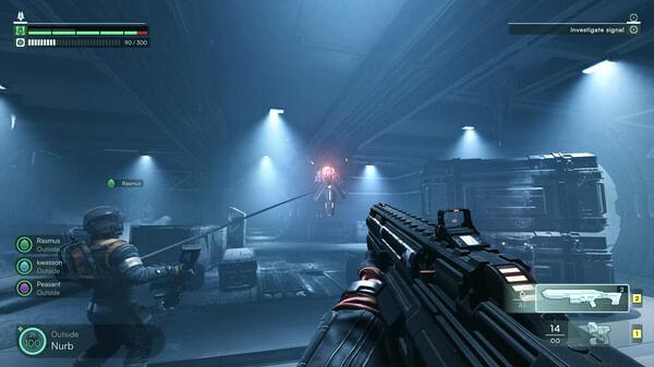 Jump Space screenshot: A player aims a futuristic weapon at a flying robot in a dimly lit industrial space.