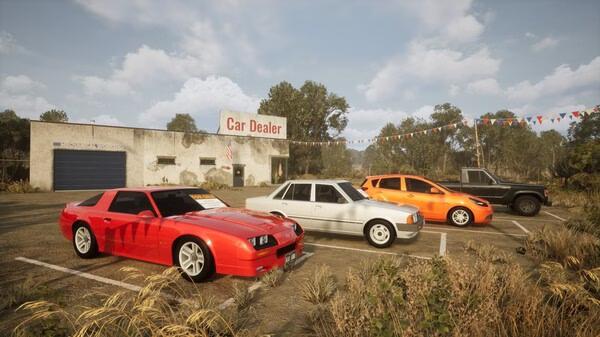 A screenshot from Car Dealer Simulator showing four cars parked outside a dealership building surrounded by trees and banners.