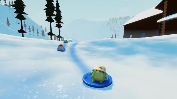 Sledding Game screenshot: Characters in helmets sled down a snowy hill with pine trees and a cabin in the background.