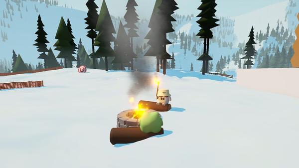 Sledding Game screenshot showing two characters sitting on logs around a campfire, surrounded by snow and pine trees.
