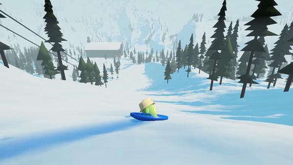 Sledding Game screenshot: A character sleds downhill on snow, surrounded by pine trees and distant mountains.
