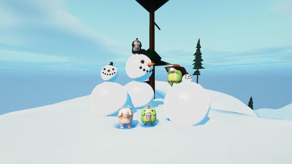 Sledding Game screenshot: Characters stand on snow piles, surrounded by snowmen, against a bright sky and snowy landscape.