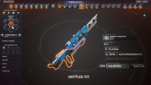 M.A.S.S. Builder screenshot: A futuristic energy shooter weapon is displayed in the customization menu with stats and options visible.