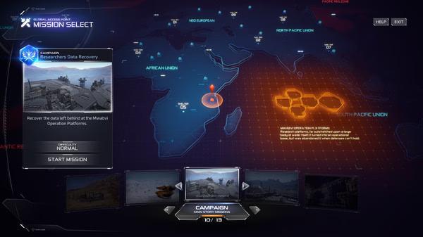 Screenshot from M.A.S.S. Builder showing mission select screen with a world map highlighting East Asia for data recovery.