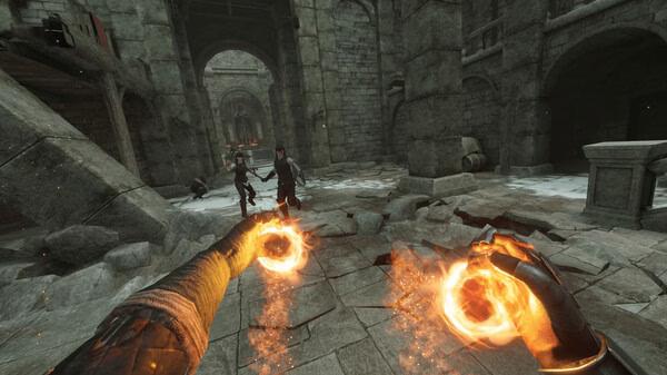 Blade and Sorcery screenshot: A player casts fiery spells from their hands, targeting two opponents in a stone courtyard.