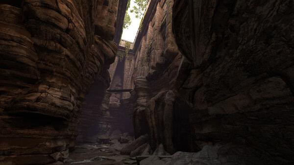 Screenshot from Blade and Sorcery showing a deep canyon with layered rock formations and a wooden bridge under a bright sky.