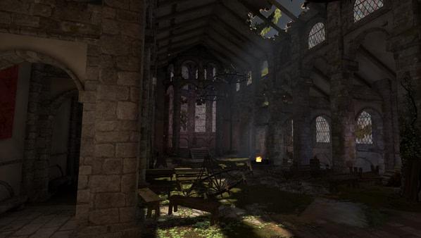 Blade and Sorcery screenshot: A detailed medieval hall with arched windows, stone walls, and scattered wooden debris. Sunlight streams in.