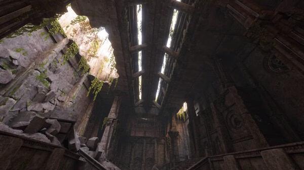 Blade and Sorcery screenshot showing a large, ancient stone structure with overgrown foliage and sunlight streaming through the ceiling.