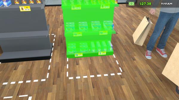 Screenshot of TCG Card Shop Simulator showing shelves stocked with card packs, a customer holding shopping bags, and in-game currency.