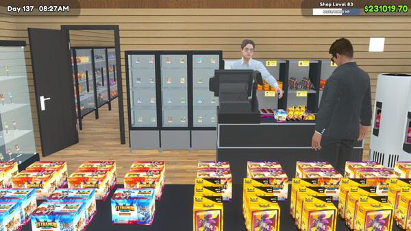 TCG Card Shop Simulator screenshot: A player interacts with a shopkeeper behind a counter in a card shop filled with colorful card boxes.