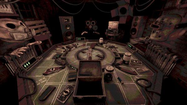 Buckshot Roulette screenshot: A dimly lit circular table with weapons, gadgets, and eerie masks in a gritty, industrial setting.