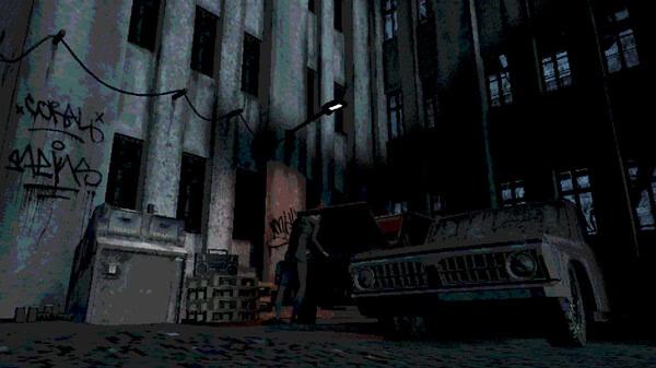 Screenshot from Buckshot Roulette showing a dimly lit alley with graffiti, old cars, and a figure near a stack of crates.