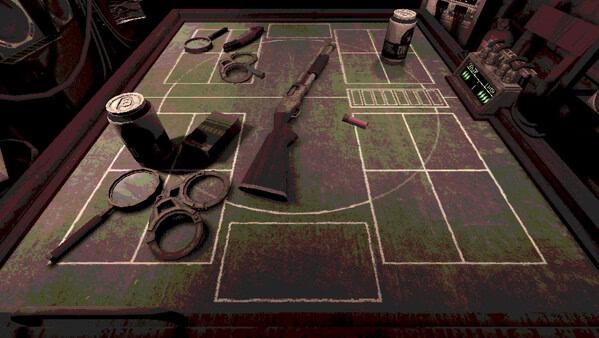 Screenshot from Buckshot Roulette: a table with a shotgun, magnifying glasses, cans, and a grid layout.