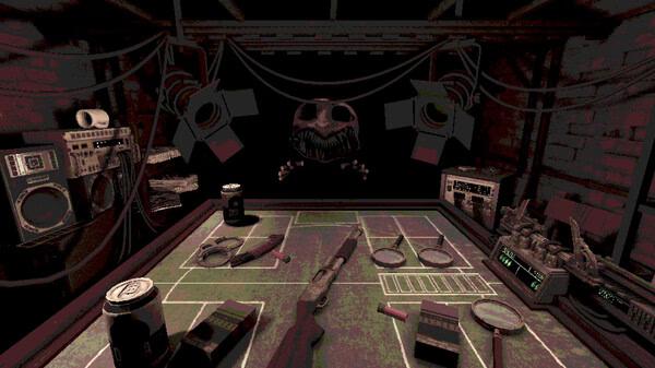 Screenshot of Buckshot Roulette game, showing a shotgun on a gaming table surrounded by various objects in a dimly lit room.
