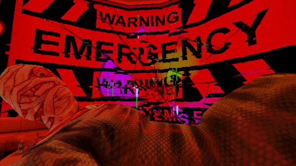 Screenshot from Mouthwashing: A chaotic scene with a wrapped figure in front of a red emergency warning sign, conveying urgency and tension.