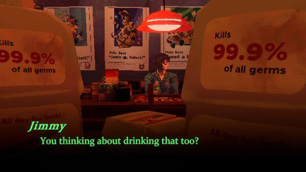 Screenshot from Mouthwashing: Jimmy sits at a bar surrounded by posters and products claiming to kill 99.9% of germs.
