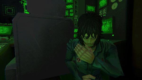 Screenshot from 'Mouthwashing' showing a character in a control room, covering their mouth with a hand amid glowing green monitors.