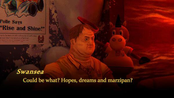 Screenshot from Mouthwashing game shows a character named Swansea speaking, with a toy horse in the background.