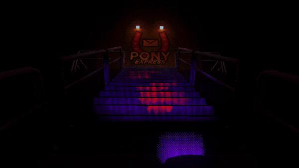 Screenshot of the game Mouthwashing: A glowing purple staircase leads to a wall with a Pony Express logo illuminated by two lights.