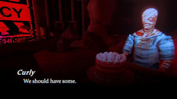 Screenshot from Mouthwashing: A bandaged character named Curly sits at a table with a cake in a dark, eerie setting.