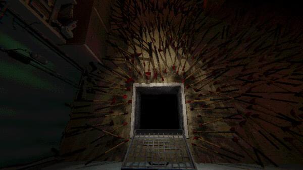 Screenshot from Mouthwashing showing a dark, ominous vent surrounded by blood-stained spikes in a dimly lit room.