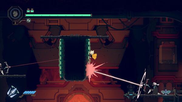 Screenshot from Nine Sols: A character leaps across platforms in a dimly lit, futuristic environment with glowing red accents.