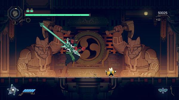 Nine Sols screenshot: A red-armored character wields a glowing sword, leaping toward a small figure in a temple with cat statues.