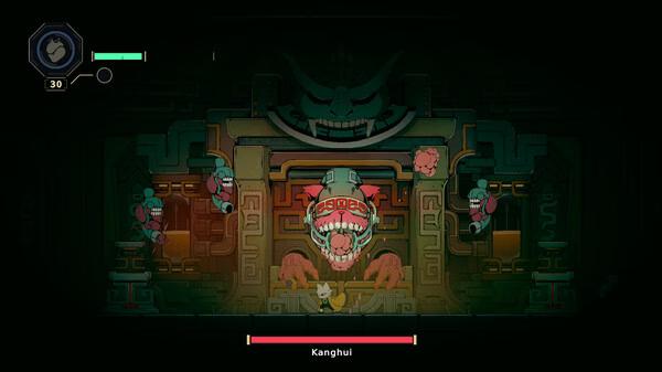 Nine Sols screenshot: A player battles Kanghui, a large, menacing boss with red features and mechanical elements in a dark arena.