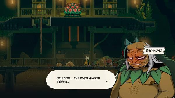 Screenshot from Nine Sols showing a character confronting Shen Nong in a dimly lit room with a glowing red lotus above.