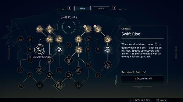Screenshot from Nine Sols game showing skill tree interface with various skill icons and descriptions.
