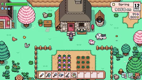 Screenshot from Fields of Mistria showing a character outside a cottage surrounded by trees, a garden, animals, and farm tools.