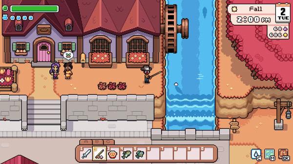 Screenshot from Fields of Mistria: A character fishes by a river next to a house in a vibrant fall setting.