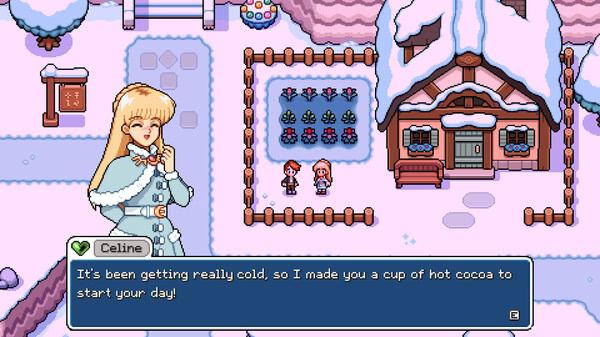 Screenshot from Fields of Mistria: Celine talks to a character near a snow-covered house and garden.