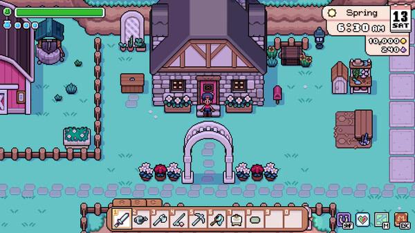 Screenshot from Fields of Mistria showing a character standing outside a house in a village setting, with tools displayed below.