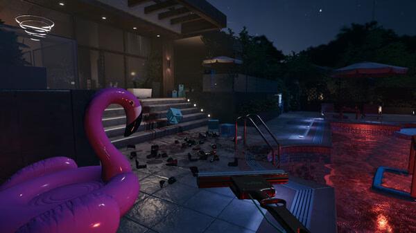Crime Scene Cleaner screenshot: A poolside area at night with scattered debris, cleaning tools, and a pink flamingo float visible.