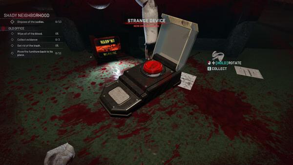 Crime Scene Cleaner screenshot: A strange device with a red button sits among blood stains and debris in a shady neighborhood scene.