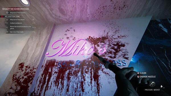 Crime Scene Cleaner screenshot: Player using a pressure washer to clean a bloodied wall with "Mika's" sign in a messy room.