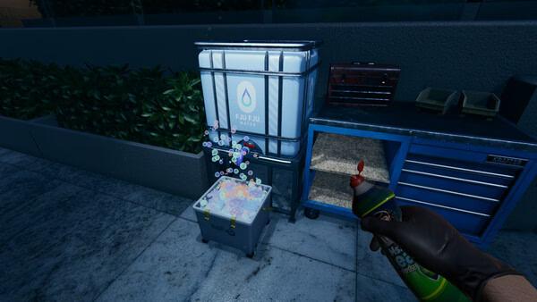 Crime Scene Cleaner screenshot: A player sprays cleaner onto a bloodstained floor near a chemical container and a toolbox.