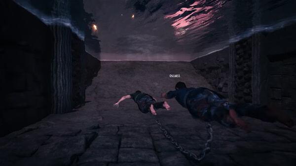Screenshot from Chained Together: Two characters swim underwater, chained together, in a stone-walled environment.