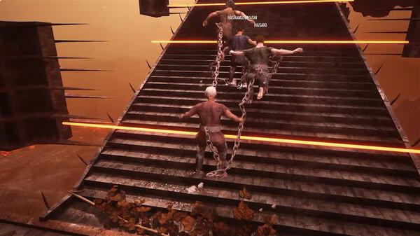 Screenshot from 'Chained Together': four players, linked by chains, race up a spiked stairway with glowing red lines.