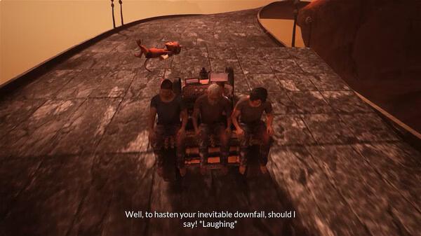 Chained Together screenshot: Three characters seated on a rocky path, with a dog nearby. Subtitles show dialogue about "inevitable downfall".