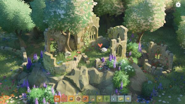 Screenshot of Tiny Glade showing a serene landscape with ancient ruins, lush greenery, and small animals exploring the area.