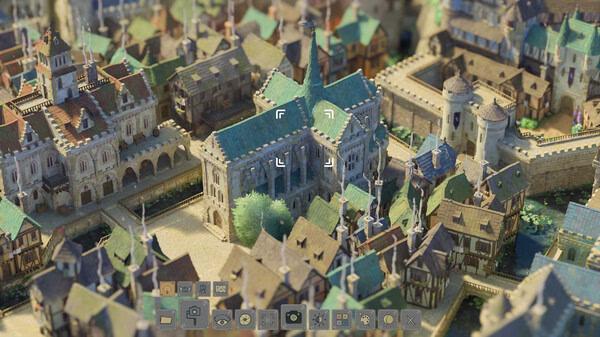 Screenshot from Tiny Glade showing a detailed medieval village with houses, a large building, and stone walls under a sunny sky.