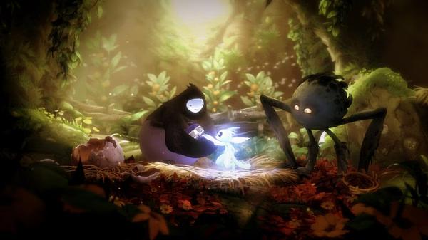 Screenshot from Ori and the Will of the Wisps featuring Ori, a glowing spirit creature, interacting with two other characters in a lush forest.